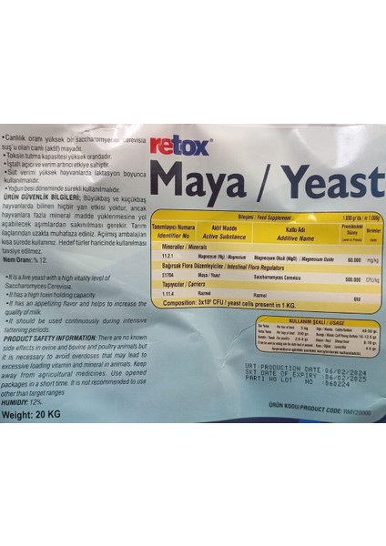 Retox Maya (3*10-6) Hayvan Açıcı ve Verim Artırıcı Yem Katkı 20 kg Torba