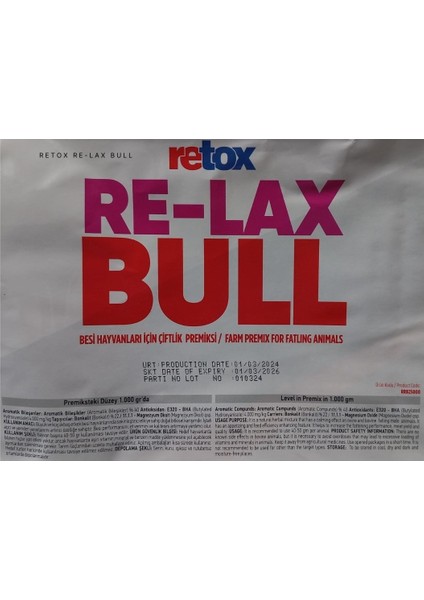 Retox Re-Lax Bull Erkek Besi Hayvanları Için Sakinleştirici Yem Katkı 20KG Torba