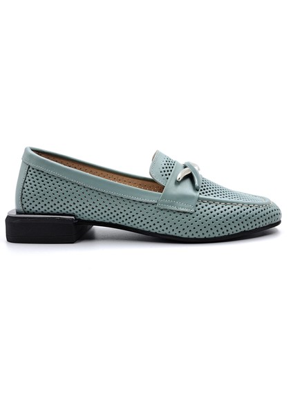 ME5241 Hakiki Yumuşak Deri Delikli Mint Yeşil Kadın Tokalı Loafer Ayakkabı fiyatları
