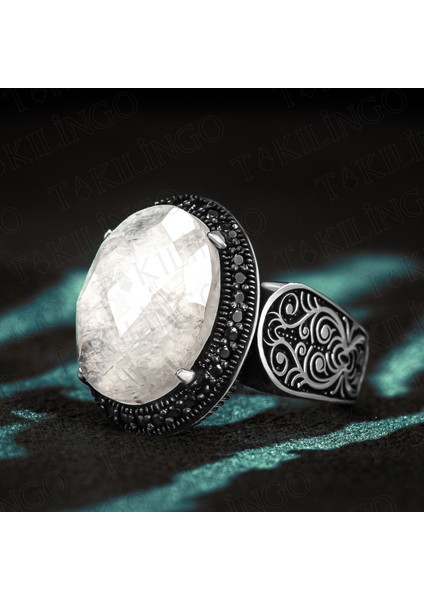 925 Ayar Gümüş Beyaz Ay Taşı Işlemeli Usta Işi Erkek Yüzük