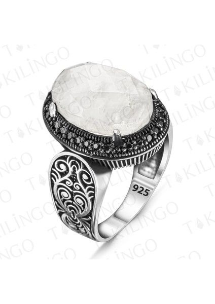 925 Ayar Gümüş Beyaz Ay Taşı Işlemeli Usta Işi Erkek Yüzük fiyatları