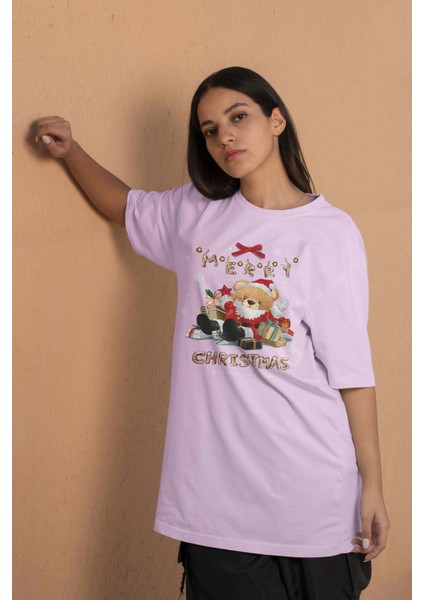 Teddy Baskılı Kadın Oversize Pembe T-Shirt