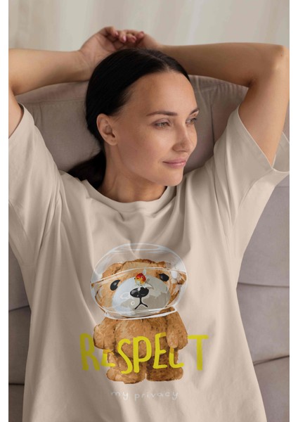 Kadın Camel Sütlü Kahve Basic Düz Baskılı Oversize Salas Boyfriend T-Shirt