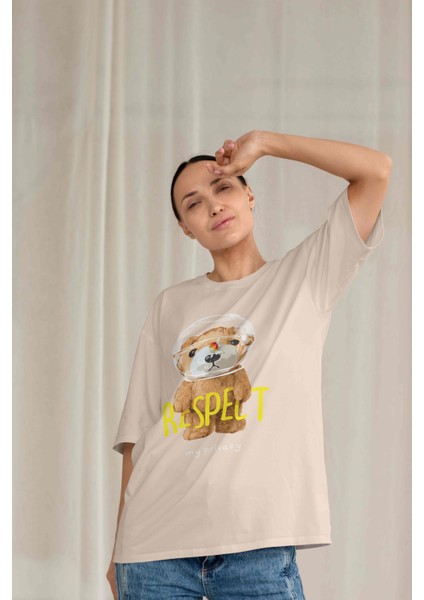 Kadın Camel Sütlü Kahve Basic Düz Baskılı Oversize Salas Boyfriend T-Shirt