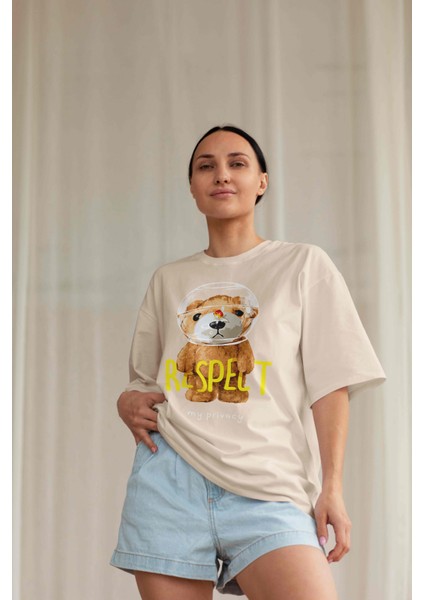 Kadın Camel Sütlü Kahve Basic Düz Baskılı Oversize Salas Boyfriend T-Shirt