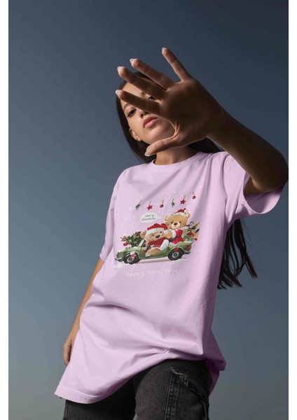 Teddy Baskılı Kadın Oversize Pembe T-Shirt