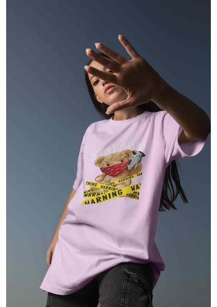 Teddy Baskılı Kadın Oversize Pembe T-Shirt