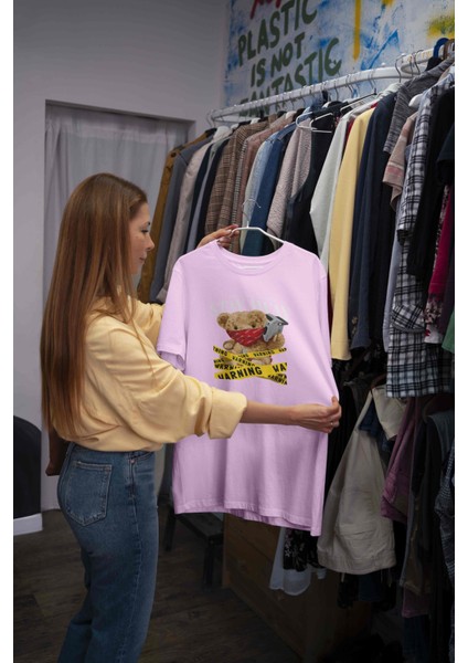 Teddy Baskılı Kadın Oversize Pembe T-Shirt