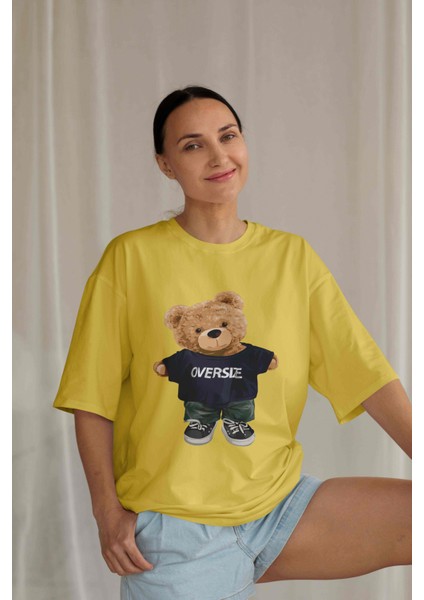 Teddy Süprem T-Shirt - Sarı Baskılı Oversize Bisiklet Yaka Kısa Kol Tişört