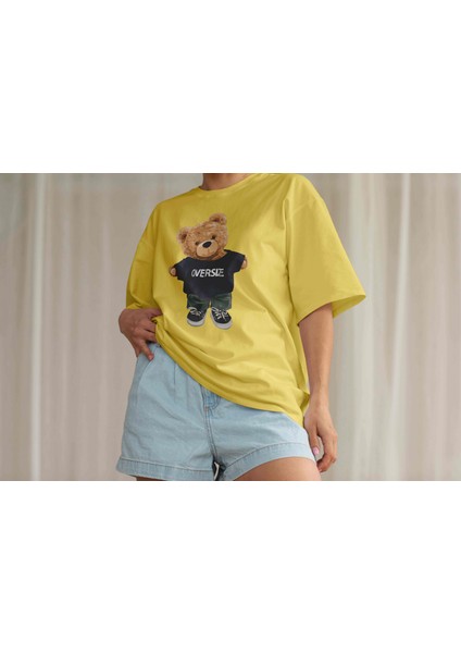 Teddy Süprem T-Shirt - Sarı Baskılı Oversize Bisiklet Yaka Kısa Kol Tişört