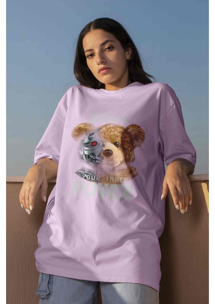 Teddy Baskılı Kadın Oversize Pembe T-Shirt