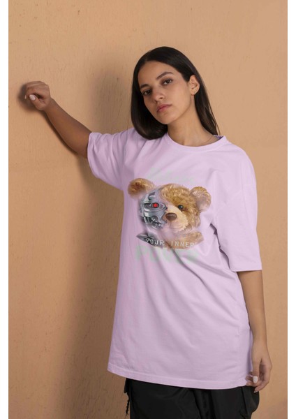 Teddy Baskılı Kadın Oversize Pembe T-Shirt