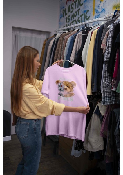 Teddy Baskılı Kadın Oversize Pembe T-Shirt