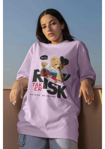 Teddy Baskılı Kadın Oversize Pembe T-Shirt