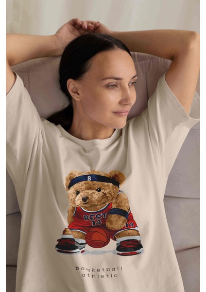 Kadın Lila Teddy Baskılı Oversize T-Shirt