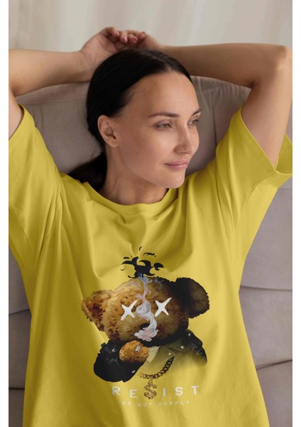 Kadın Camel Sütlü Kahve Basic Düz Baskılı Oversize Salas Boyfriend T-Shirt