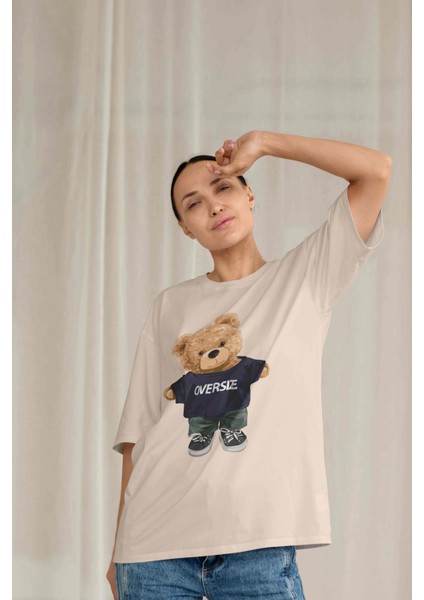 Kadın Camel Sütlü Kahve Basic Düz Baskılı Oversize Salas Boyfriend T-Shirt