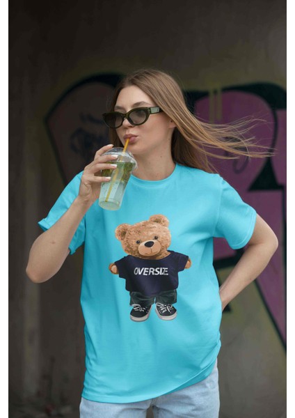 Teddy Kadın Oversize Mavi T-Shirt