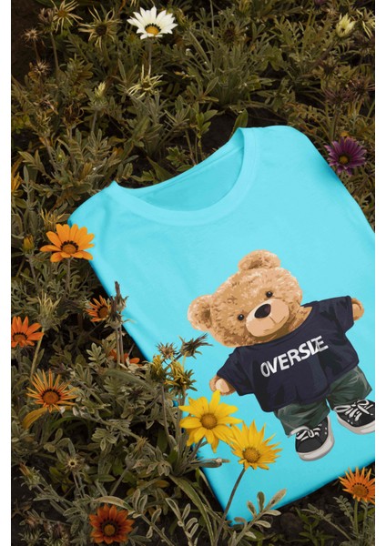 Teddy Kadın Oversize Mavi T-Shirt