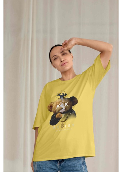 Teddy Süprem T-Shirt - Sarı Baskılı Oversize Bisiklet Yaka Kısa Kol Tişört