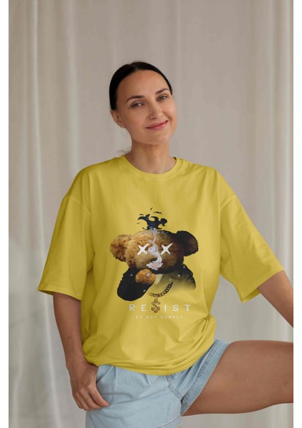 Teddy Süprem T-Shirt - Sarı Baskılı Oversize Bisiklet Yaka Kısa Kol Tişört