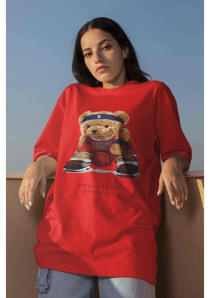 Teddy Baskılı Kadın Oversize Pembe T-Shirt