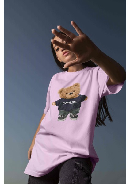 Teddy Baskılı Kadın Oversize Pembe T-Shirt