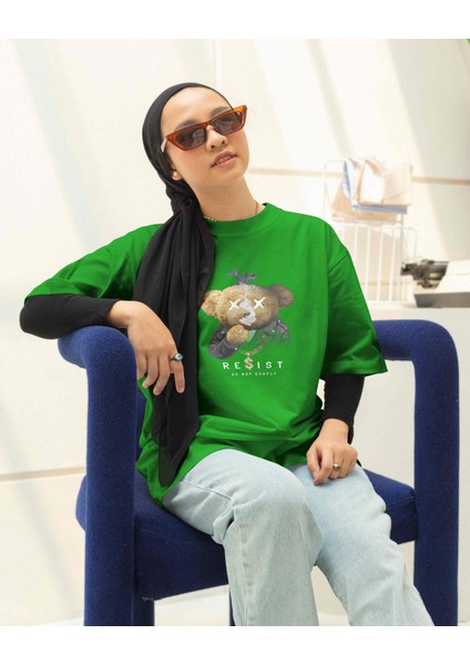 Süprem T-Shirt Yeşil Baskılı Oversize Bisiklet Yaka Kısa Kol T-Shirt fiyatları