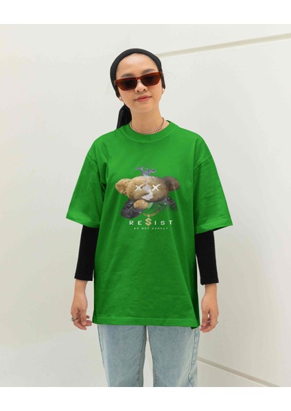 Süprem T-Shirt Yeşil Baskılı Oversize Bisiklet Yaka Kısa Kol T-Shirt modelleri