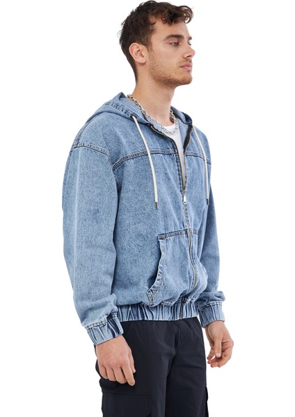 Mesfeno Fermuarlı Kapüşonlu Denim Kumaş Erkek Sweatshirt, Oversize Kesim, Pamuk, Kanguru Cepli, Ip Detaylı Kapüşon, Beli Lastikli
