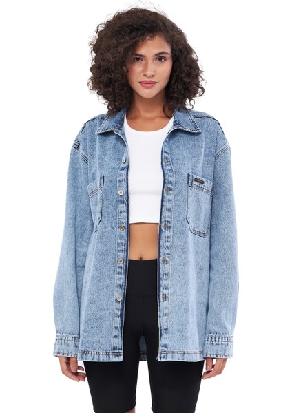 Mesfeno Kadın Gömlek Ceket, Oversize Kesim Kalın Kumaş, 2 Cep Detaylı, %100 Pamuk, Metal Düğmeli Mavi Denim Denim