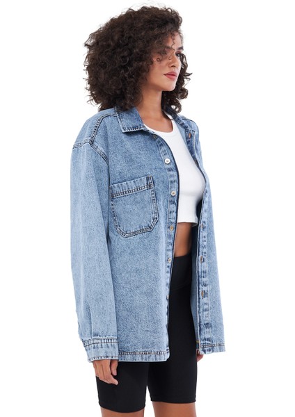Mesfeno Kadın Gömlek Ceket, Oversize Kesim Kalın Kumaş, 2 Cep Detaylı, %100 Pamuk, Metal Düğmeli Mavi Denim Denim fırsatları