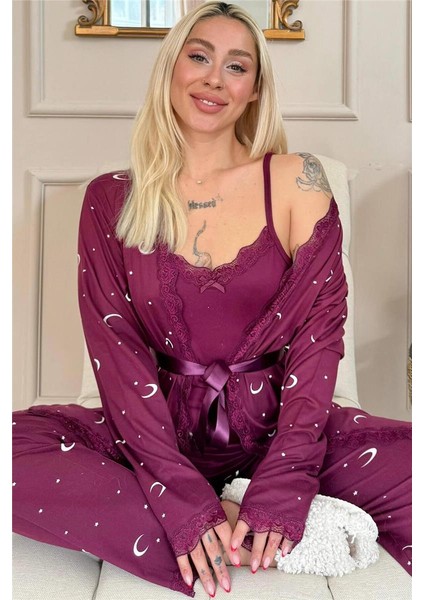Mürdüm Ay Yıldız Desenli Bambu Sabahlıklı Kadın Pijama Seti