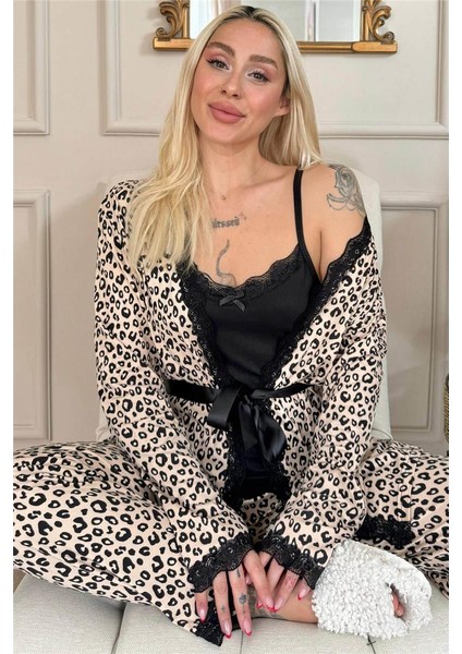 Siyah Leopar Desenli Bambu Sabahlıklı Kadın Pijama Takımı