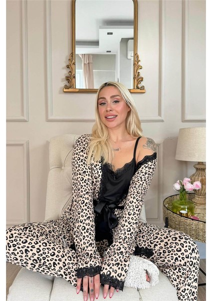 Siyah Leopar Desenli Bambu Sabahlıklı Kadın Pijama Takımı fiyatları