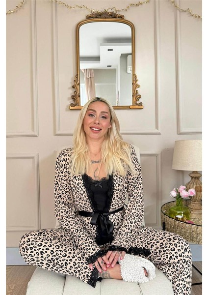 Siyah Leopar Desenli Bambu Sabahlıklı Kadın Pijama Takımı modelleri
