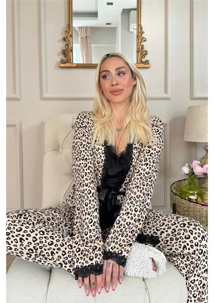 Siyah Leopar Desenli Bambu Sabahlıklı Kadın Pijama Takımı fırsatları