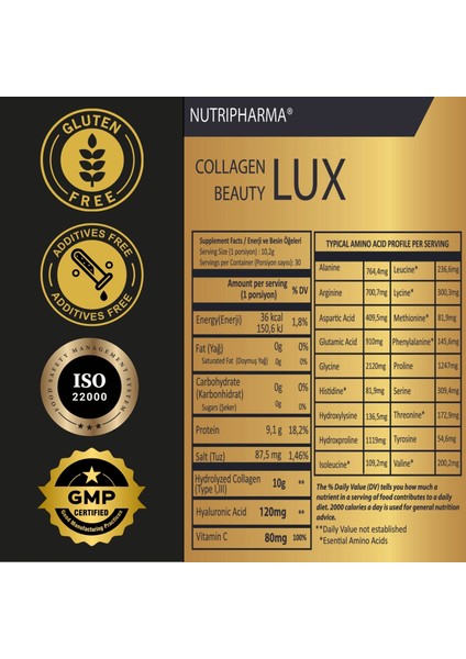 Collagen Beauty Lux, 10.000 mg Biyoaktif Kolajen Peptidler 120 mg Hyaluronik Asit 80 mg Vitamin C 30 Saşe fırsatları