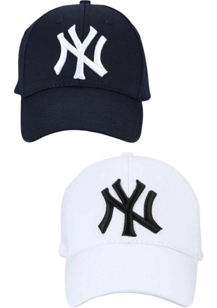 Unisex Ny Nakışlı Mavi Kep Şapka 2'li Set