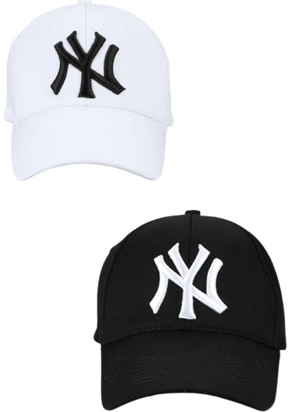 Unisex Ny Nakışlı Mavi Kep Şapka 2'li Set