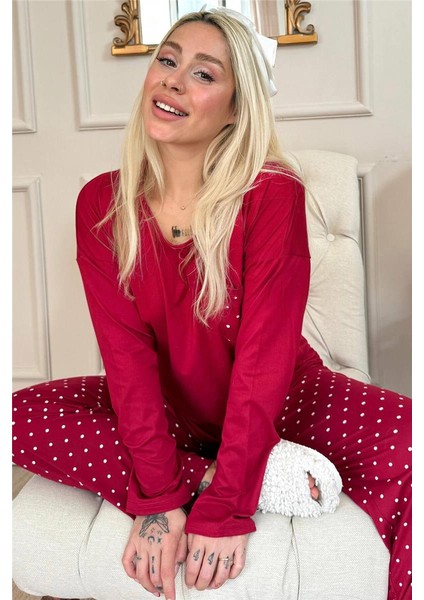 Bordo Mini Puan Desenli Bambu Uzun Kol Kadın Pijama Takımı