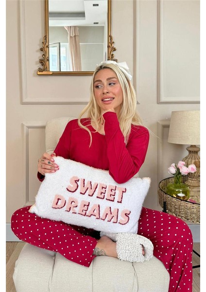 Bordo Mini Puan Desenli Bambu Uzun Kol Kadın Pijama Takımı