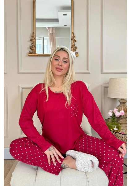 Bordo Mini Puan Desenli Bambu Uzun Kol Kadın Pijama Takımı