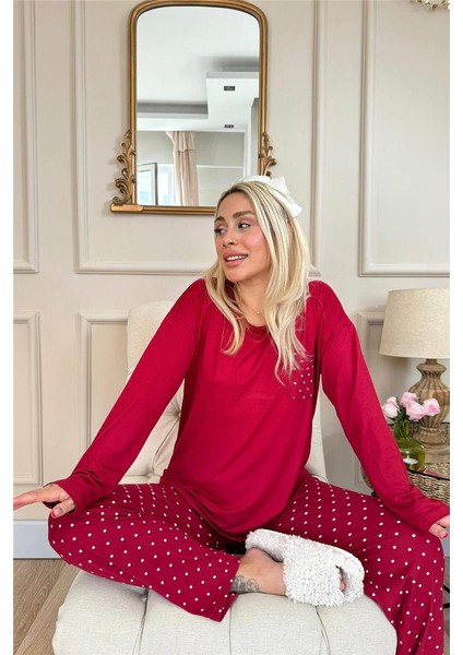 Bordo Mini Puan Desenli Bambu Uzun Kol Kadın Pijama Takımı