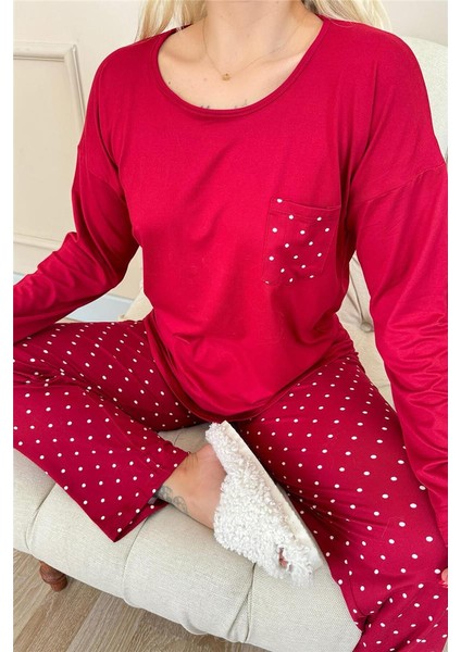 Bordo Mini Puan Desenli Bambu Uzun Kol Kadın Pijama Takımı