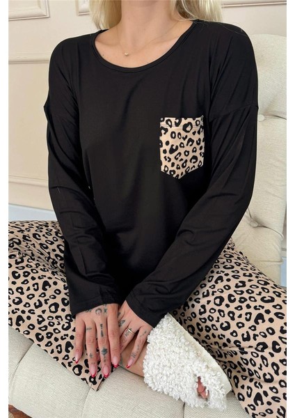 Brown Leopar Desenli Bambu Uzun Kol Kadın Pijama Takımı