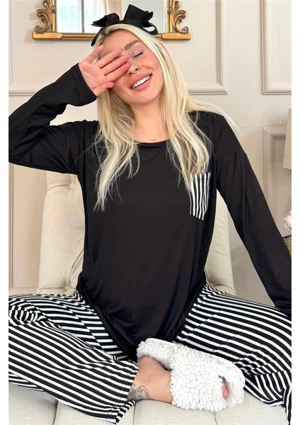 Siyah Çizgi Desenli Bambu Uzun Kol Kadın Pijama Takımı