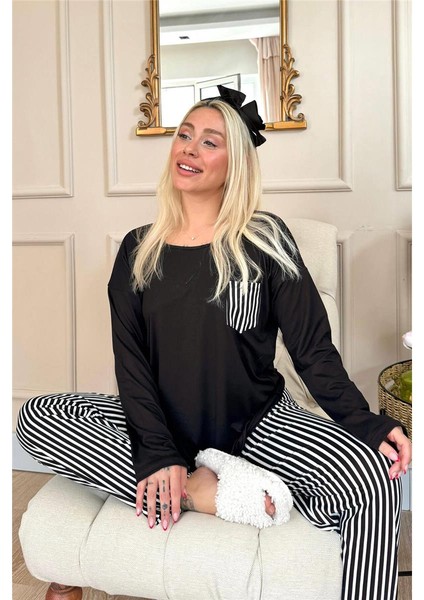 Siyah Çizgi Desenli Bambu Uzun Kol Kadın Pijama Takımı fiyatları