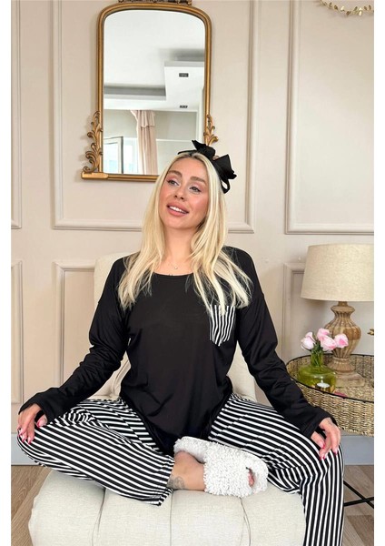 Siyah Çizgi Desenli Bambu Uzun Kol Kadın Pijama Takımı modelleri