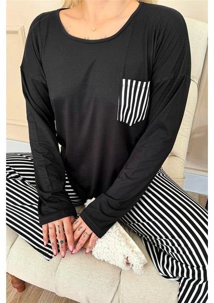 Siyah Çizgi Desenli Bambu Uzun Kol Kadın Pijama Takımı indirimleri